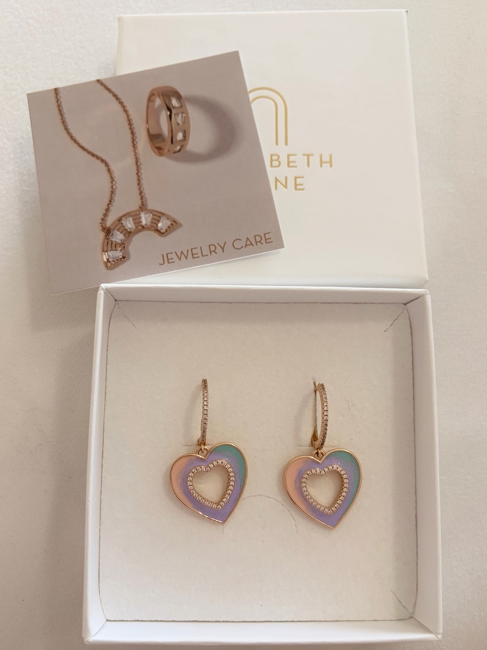 Elizabeth Stone Rose Gold Heart Drop Earrings with Pastel Enamel